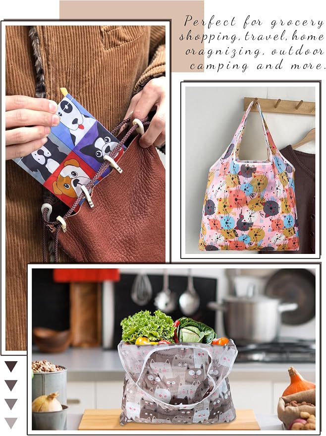 4 Pcs Reusable Grocery Bags, Foldable Shopping Bags Heavy Duty, Large Nano Bag Cute Tote Bag for Daily Shopping, Waterproof and Machine Washable (Animals) - Image 7