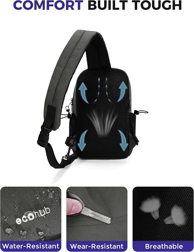 ECOHUB Crossbody Bags for Women Men, Anti-Theft RFID Blocking Sling Backpack Water Resistant Chest Shoulder Daypack, Grey - Image 6