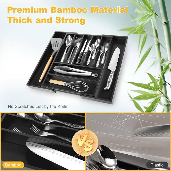 Large Premium Bamboo Silverware Organizer - Expandable Drawer Organizer & Utensil Organizer - 17"x19.7" Cutlery Tray with Dividers for Kitchen Utensils and Flatware (7-9 Slots) (Black) - Image 5