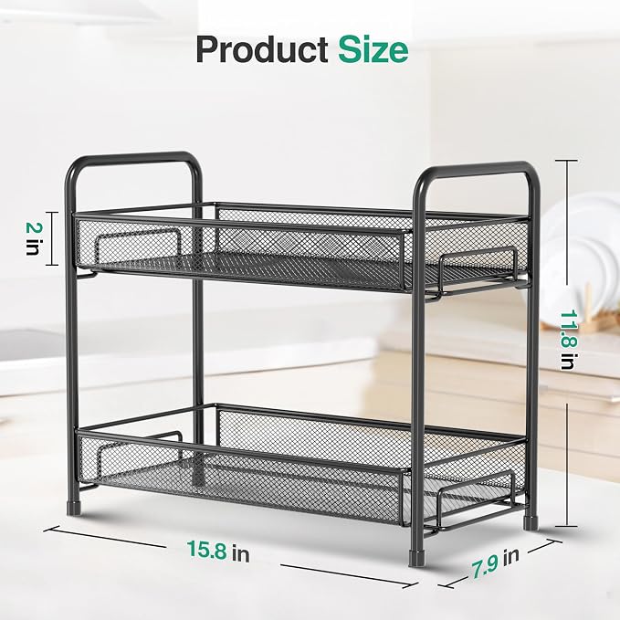 Spice Rack Organizer for Countertop,Xpatee 2-Tier Foldable Metal Rust-Proof Standing Large Seasoning Storage Shelf with Guardrail and Mesh Design for Kitchen Cabinet Bathroom Living Room Pantry, Black - Image 2