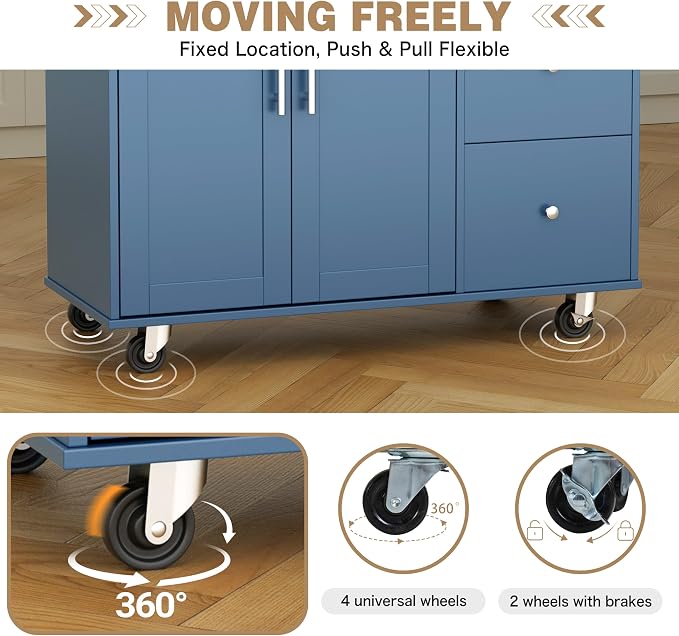 Shintenchi Kitchen Island with Folding Drop Leaf, Rolling Island Table with Storage, Kitchen Cabinet on Wheels with Seating Area for Kitchen, Bar Cart with Cabinet, Blue - Image 5
