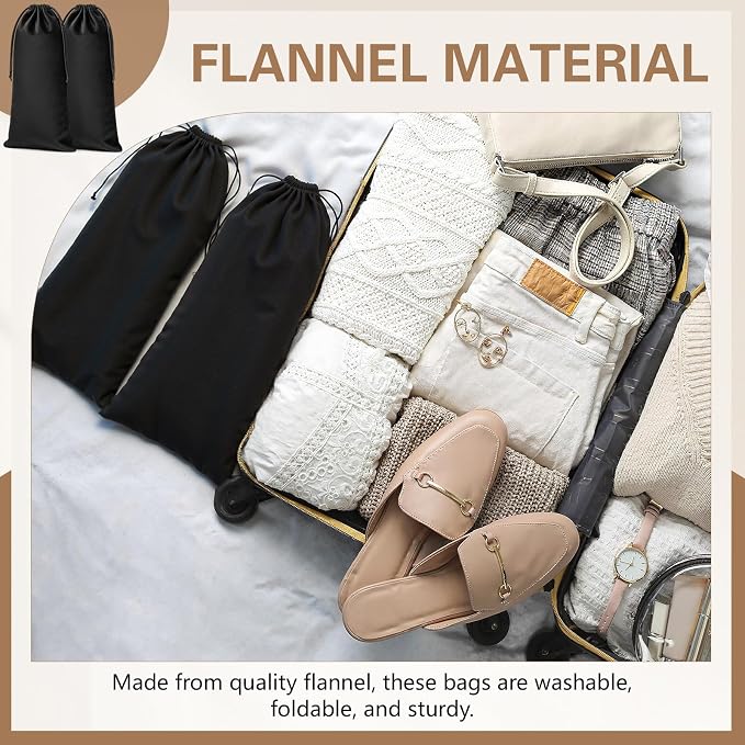 4 Pcs Flannel Cloth Shoe Bags for Travel, 8 x 17 Inches Dust Pouch with Drawstring Closure, Washable Breathable Cotton Fabric for Luggage (Black) - Image 2