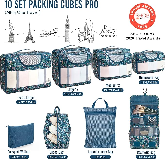 Veken 10 Set Packing Cubes for Travel Essentials,Anti-Wrinkle Buckled Suitcase Organizer for Shoe & Toiletry Bag,Carry On Luggage Bag with 99+ Count Mesh Holes for Airplane & College Dorm Accessories - Image 2