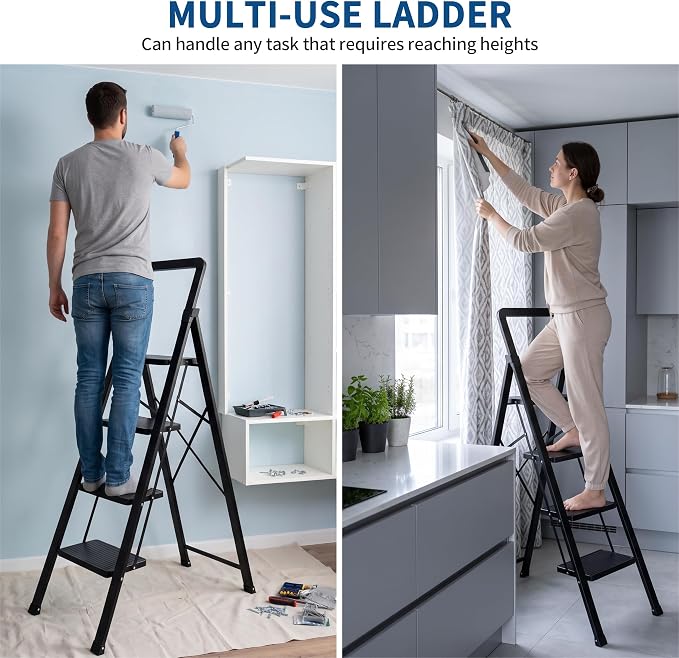Step Ladder 4-Step Black Finish Folding Ladders | Anti-slip Sturdy Foldable Ladder Step Stool for Kitchen Home Office Libaray - Image 6