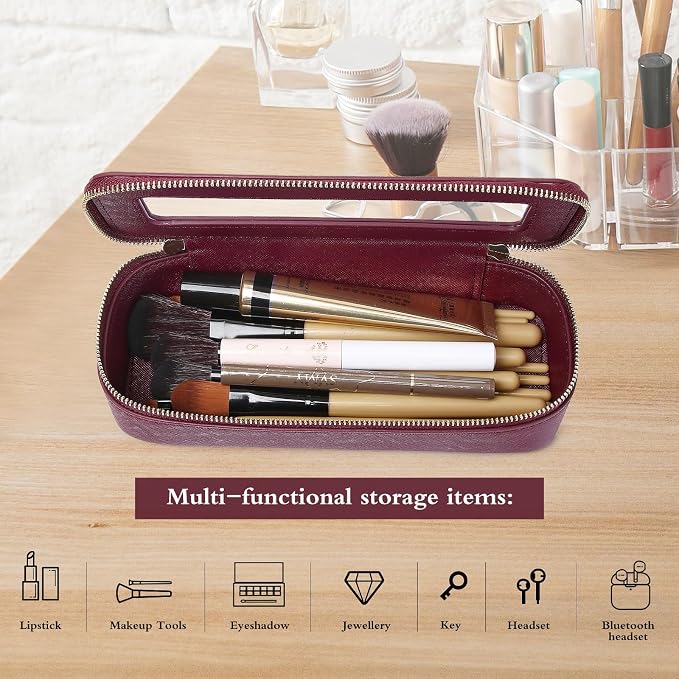 Pinkmik Makeup Brush Case, Burgundy, SLIM | Clear Travel Cosmetic & Toiletry Bag, Small Makeup Bag, Zipper Purse Organizer, Car Essential Bag for Women - Image 4