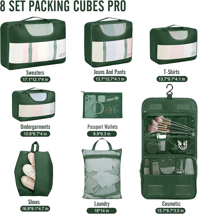 Veken 8 Set Packing Cubes for Travel Essentials,Anti-Wrinkle Buckled Suitcase Organizer for Shoe & Toiletry Bag,Carry On Luggage Bag with 99+ Count Mesh Holes for Airplane & College Dorm Accessories - Image 2