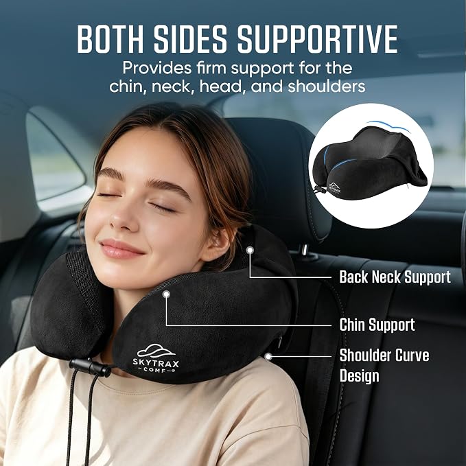 SkytraxComf® Travel Neck Pillow with Hood for Privacy on Long Flights | Memory Foam | Airplane Sleep | Safety-Tested Materials | Extra Large Hood | Chin Support | Earplugs | Washable Cover - Image 4