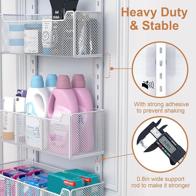 VyGrow Over The Door Organizer, Metal Door Organizer Hanging with 5 Adjustable Baskets and Coat Hook, Behind The Door Storage for Bedroom Closet Bathroom Pantry Cabinet Kitchen, White - Image 7