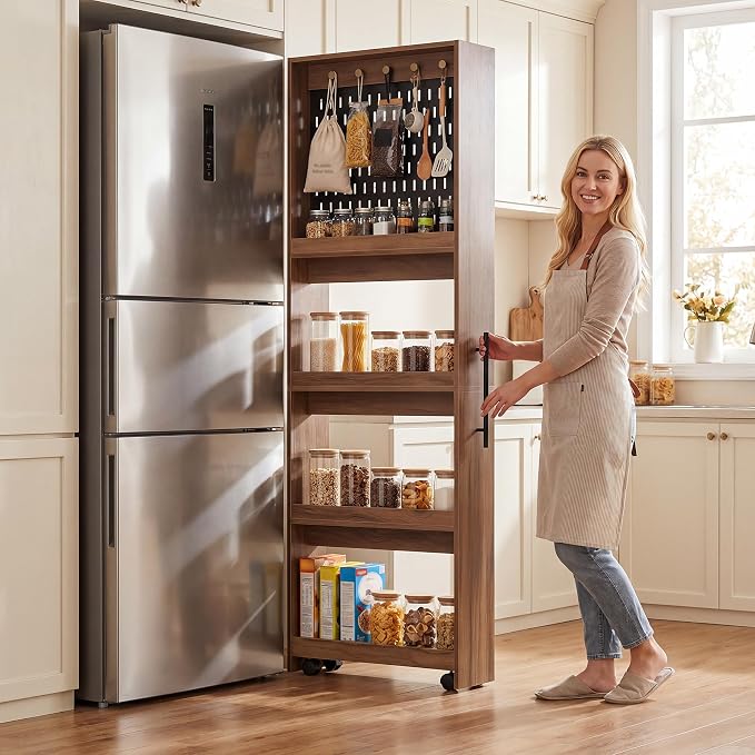 Extra Tall Slim Storage Cart Next to Fridge, Rolling Utility Cart on Wheels | with Metal Pegboard with Pegs, 4-Tier Mobile Shelf Organizer for Narrow Gaps by LITTLETREE