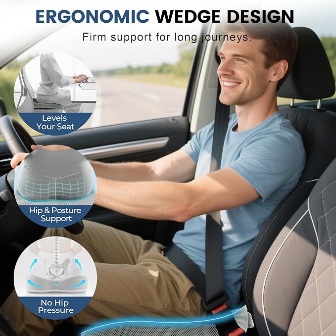 Seat Cushion for Office Chair, Wedge Car Seat Cushion, Memory Foam Truck Seat Cushion for Sciatica Tailbone Pain Relief, Long Driving, Coccyx - Image 5