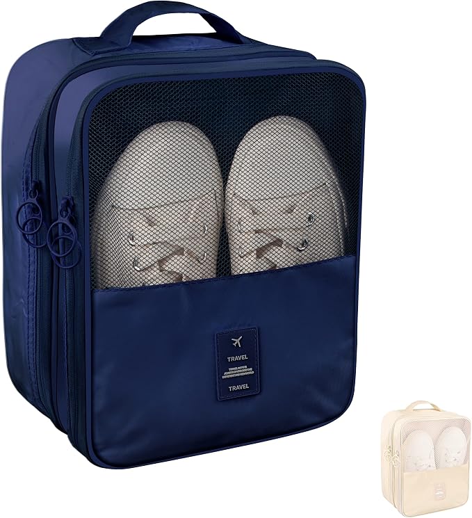 Travel Shoe Bags 2 Pcs of Shoe Organizers Set for Suitcase Hold 3 Pair of Shoes Waterproof Shoe Packing Cubes for Travel and Daily Use Storage Pouch with Handle (Navy blue+Beige) by Ebbniur