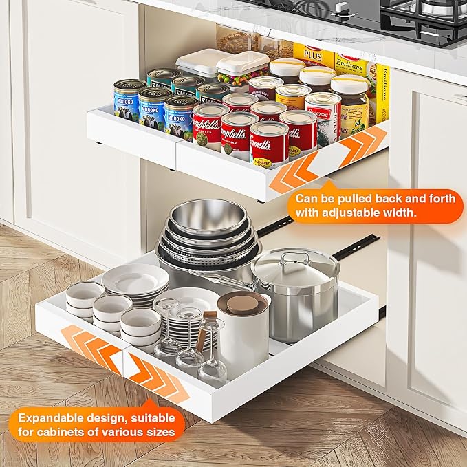 Expandable Pull Out Cabinet Organizer,16.5-26.7" Wx16.54''D,4 Pack | Upgraded 3 Quiet Slide Rails, Nano-Film Adhesive Fixing, White, Fit Kitchen/Living Room/Bathroom/Vanity - Image 3