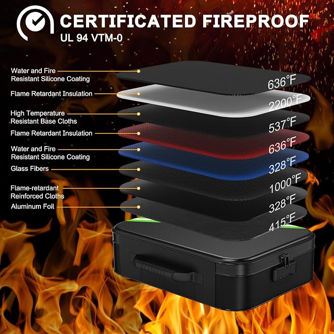 5200℉ Fireproof Document Box with Lock 8-Layer | Waterproof Important Document Organizer , Home Travel Strong Fireproof Safe Storage Box for Letter Size File - Image 2