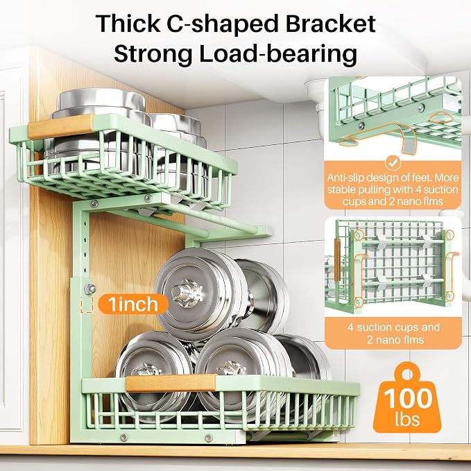 PXRACK Under Sink Organizer, Adjustable Height, 2 Tier Pull Out Under Cabinet Organizer, Slide Out Thickened Metal Under Sink Storage for Kitchen Bathroom Laundry Pantry Cabinet, Green, Large-1-Pack - Image 6