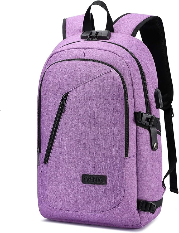 WENIG Laptop Backpack for Women,Business Backpack Anti-Theft Backpack with USB Charging Port and Lock 15.6 Inch Computer Backpacks for Women Men,Purple by WENIG+
