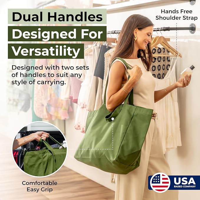 VeraMia Canvas Grocery Bag 3pc XL Set with Real Pockets, Long Shoulder Strap and Short Handle. Heavy Duty, Foldable, Washable - Image 3