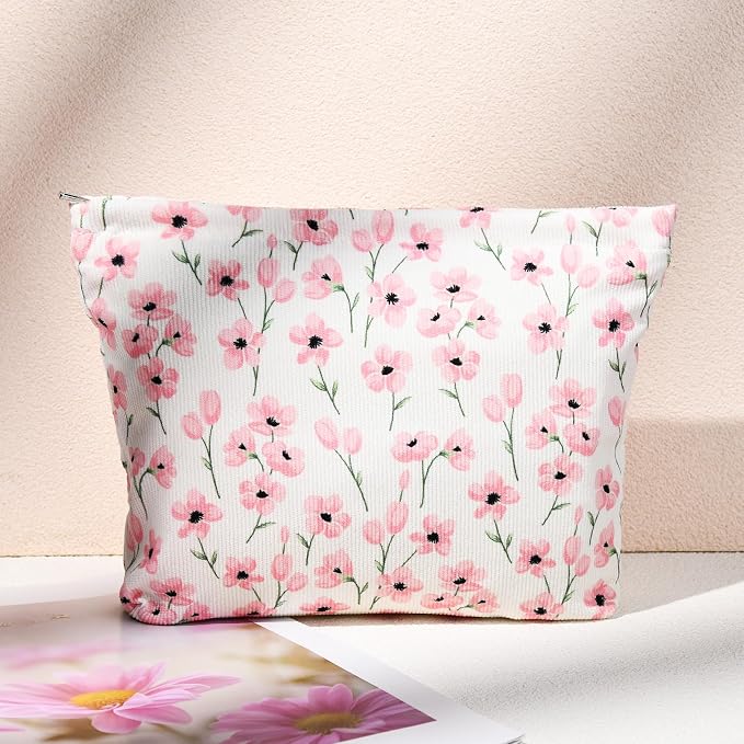 SOIDRAM 2 Pieces Flower Makeup Bag Large Floral Cosmetic Bag Capacity Canvas Mix Travel Toiletry Bag Organizer Cute Makeup Brushes Aesthetic Accessories Storage Bag for Women, Flower Mix Pink - Image 7