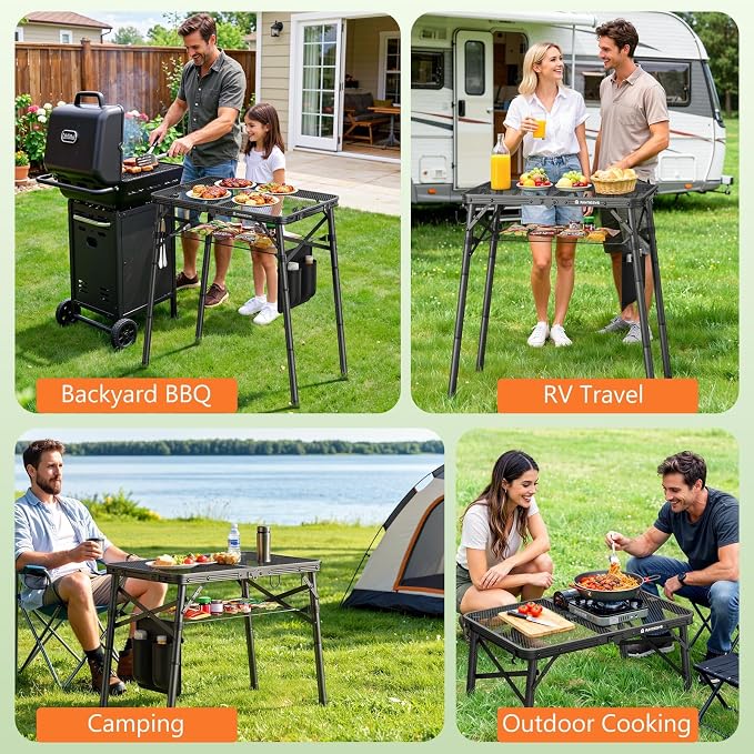 Raynesys Portable Folding Grill Table for Outside for Picnic, Camping | 3 Height Adjustable Small Camping Table with Mesh Bag, Metal Aluminum Folding Table, 23.62 x 15.75 inches, Black - Image 8