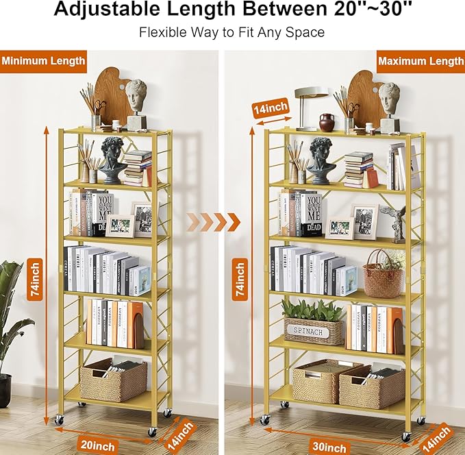 Himix 6-Tier Foldable Storage Shelves Expandable Shelf Wheels Gold 2-in-1 | Folding shelving units, Metal collapsible organization, Changeable into 2 shelf units, Bookshelf, Garage, Holds 3600 Ibs - Image 2