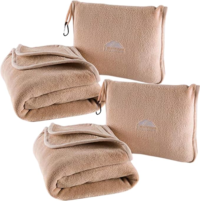 BlueHills Premium Soft Travel Blanket Pillows 2 Pack Airplane Warm - Beige | 2-Pack Travel Blanket Pillows Airplane, Luggage Strap, Carabiner, Flight Throw, Large Traveling Essentials, Warm Travel Gifts by BlueHills