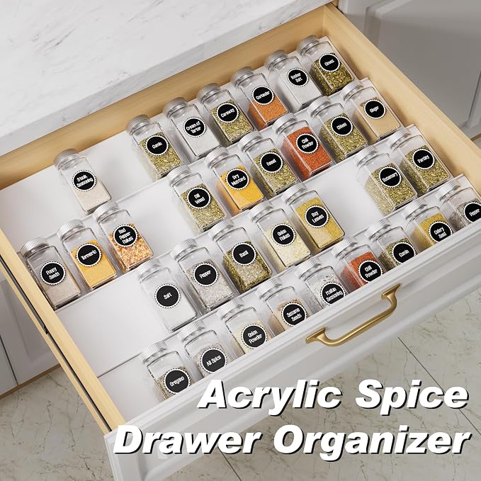 MIUKAA White Spice Drawer Organizer, 4 Tier - 8 Pack Seasoning Organizer for Drawer, Expandable From 13" to 26" Kitchen Drawer Spice Rack (Jars not Included) - Image 2