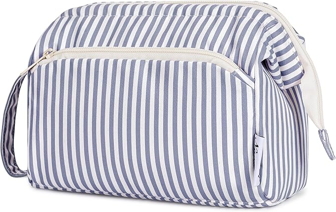 Narwey Striped Wide Open Makeup Bag Women, Travel Toiletry Bag for Women Cosmetic Bag Organizer Make up Bags with Compartments, Gift for Teen Girls (Greyish Blue Stripe) by Narwey