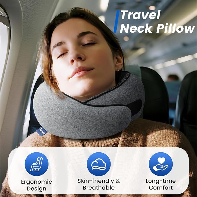 Travel Pillow Memory Foam Neck Pillow for Airplanes Long Flight Comfort 360° Support Airplane Pillow Design for Car Rides, and Home Use Travel Essentials, with Eye Mask, Earplugs and Storage Bag Large - Image 2