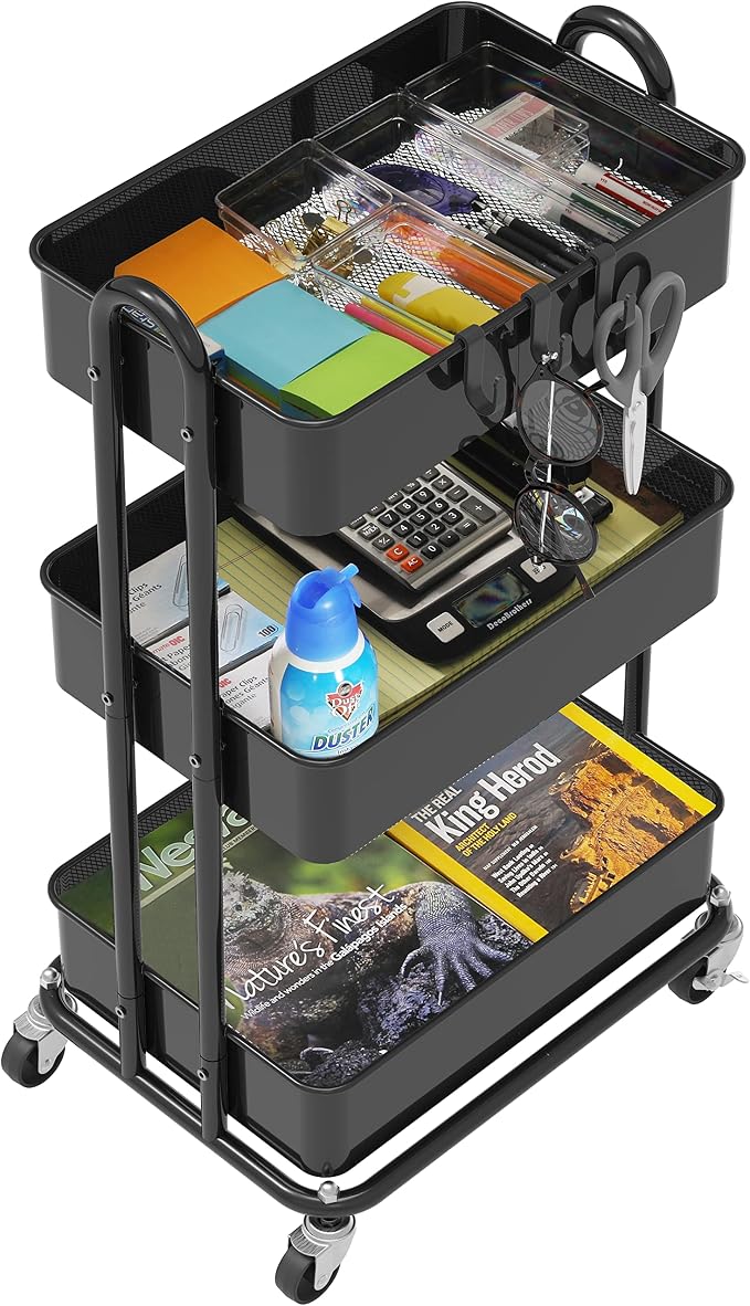 Simple Houseware 3-Tier Heavy Duty Metal Utility Rolling Cart, Black - Image 3