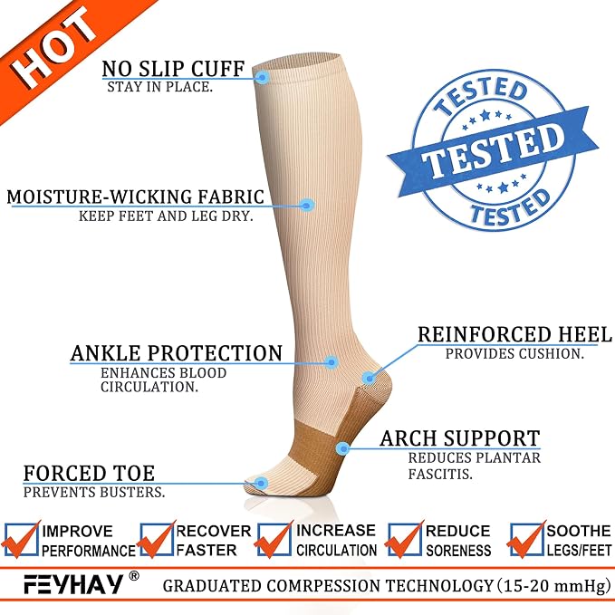 FEYHAY Copper Compression Socks (8 Pairs) 15-20 mmHg Circulation is Best Athletic & Daily for Men & Women, Running, Climbing - Image 4