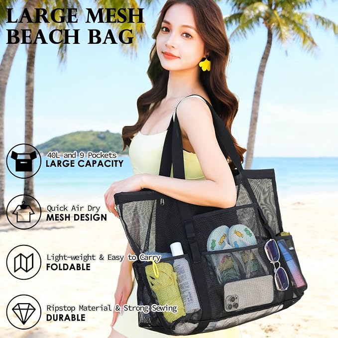 Fammart Mesh Beach Bag for Women, Large Beach Toy Pool Bag with Zipper Pocket, SandProof Cruise Essentials 2026 Family Travel - Image 3