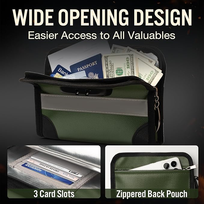 Fireproof Money Bag with Lock (1.6x8.7x6.3 In), Waterproof Document Holder with Zipper & Reflective Strip, Fire Safe Storage Pouch for Cash Passport Cards & Valuables, Home Safe Accessories - Image 5