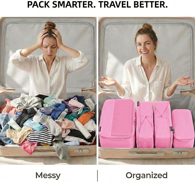 4 Piece Compression Packing Cubes for 3–7 Day Travel, Space Saving Travel Organizers with Breathable Mesh, Double-Zipper Packing Cubes for Carry-On & Suitcases (Petal) - Image 4