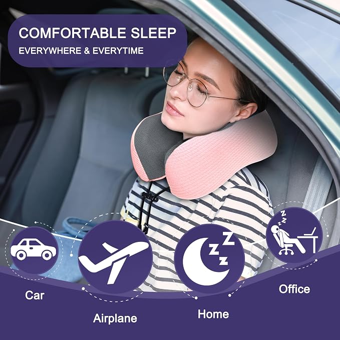 napfun Neck Pillow for Travel, Memory Foam Airplane Pillow, Pink | 360° Neck Support, Upgraded 100% Memory Foam for Airplane, Car, Train, Bus, Office Sleep, Travel Essentials for Long Flights - Image 6