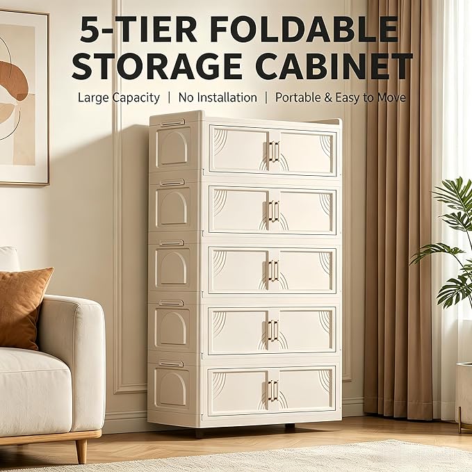 5 Tier Foldable Storage Cabinet with Lids, 313QT Large Premium PP Storage Organizer with Magnetic Doors and Wheels, Heavy Duty White Storage Bins for Home, Office, Kitchen, Dorm - Image 4