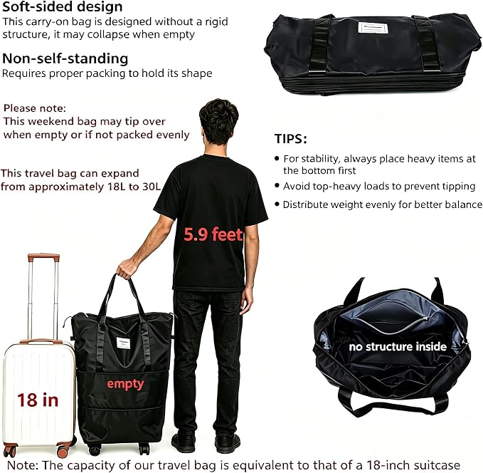 VOOWO Rolling Duffle Bag with Wheels, Expandable Foldable Duffle Bag for Travel, Rolling Under Seat Luggage Carry on Duffel Bags, Wheeled Travel Duffel Weekend Bags, Capacity 18L to 30L (Black) - Image 3