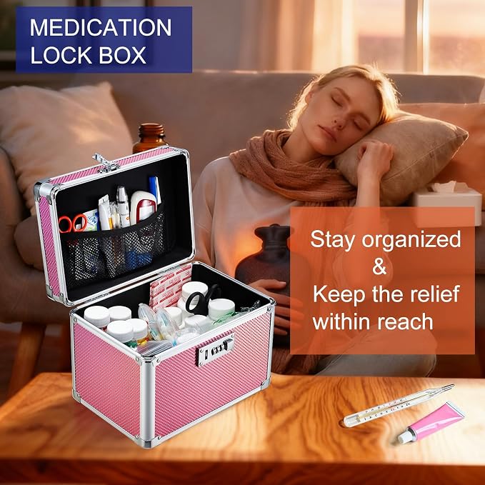 Medicine Lock Box with 3-Digit Combination Lock – Pink Lockable Storage Box for Medication, Small Lock Box for Valuables, 10"x7"x7.9" Locking Medicine Box for Home Travel Dorm - Image 2