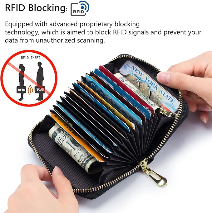 imeetu Rfid Credit Card Holder, Businese Card Case, Wallet for Women Men | Genuine Leather Card Wallet with id Window, Keychain & Double Zipper, Water-resistan Small Wallet with Gift Box, Daily Travel - Image 2