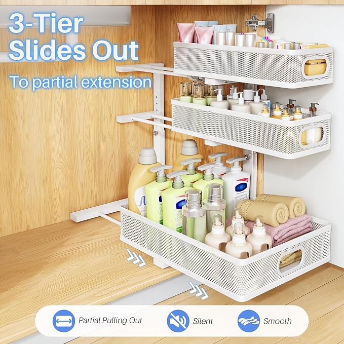 Under Sink Organizer, 3-Tier Thickened Metal Pull out Cabinet Organizer Shelf, Height Adjustable Slide out Storage Drawer Rack for Kitchen Bathroom Pantry Laundry Home Organization, 2-Pack, White | 35% Extra Storage Capacity, Carbon Steel, Hold Up 55lb... - Image 7