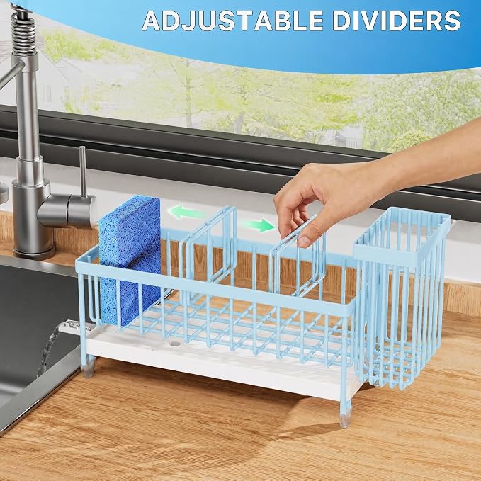 Cisily Sponge Holder for Kitchen Sink, Sink Caddy Organizer with High Brush Holder, Kitchen Countertop Organizers and Storage Essentials, Rustproof 304 Stainless Steel (Blue, 9.25″) - Image 3