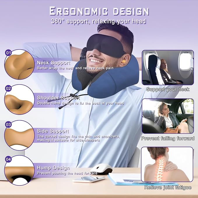 Travel Neck Pillow,Neck Pillow for Sleeping Travel,Airplane, Car, Office | Upgraded Memory Foam Neck Pillow for Travel,Machine Washable, Adjustable Flight Pillow, Suitable for Sleeping (Blue) - Image 3
