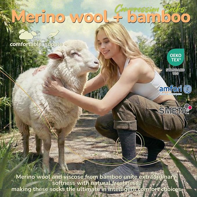 Merino Wool Compression Socks for Women & Men, 20-30 mmHg Knee High Dryarn Socks for Flying, Travel - Image 2