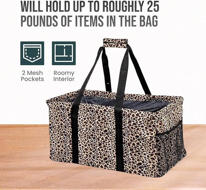Extra Large Utility Tote Bag - Oversized Collapsible Reusable Wire Frame Rectangular Canvas Basket With Two Exterior Pockets For Beach, Pool, Laundry, Car Trunk, Storage - Leopard - Image 5