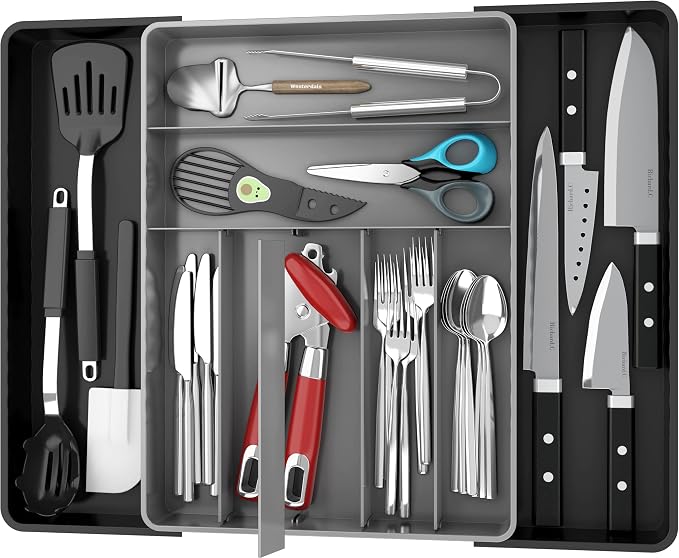 Simple Houseware Expandable Kitchen Drawer Flatware Organizer, Black/Gray | Expandable & Adjustable Cutlery Drawer Organizer - Large Utensil and Flatware Tray for Kitchen Drawers by SimpleHouseware