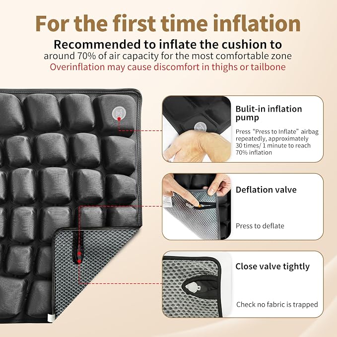 Inflatable Seat Cushion with Built-in Pump - 3D Air Cell Ergonomic Pad for Sciatica & Tailbone Pain Relief - Portable Cooling Chair Cushion for Airplane Travel, Car, Office & Stadium (0.8lbs) - Image 4