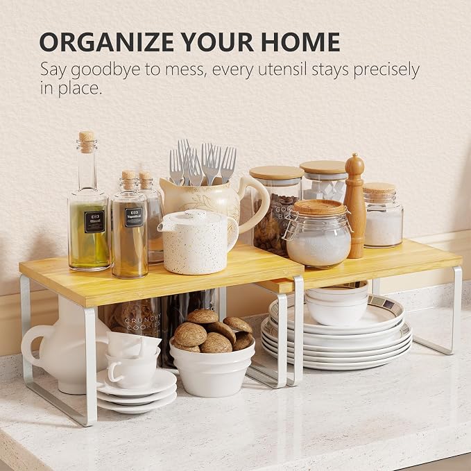 Simple Trending Bamboo Cabinet Organizer Shelf, Set of 4 Kitchen Counter Shelves, Stackable Expandable Spice Rack Pantry Cupboard Organizer, White and Natural - Image 4