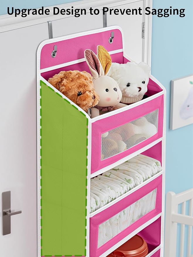 JARLINK Over the Door Organizer for Bedroom, Bathroom, 5 Shelf Rose Pink | Anti-Tilt Design, 44 lb Load Capacity, Hanging Door Organizer with 5 Large Capacity Pockets, Behind Door Storage for Nursery - Image 4