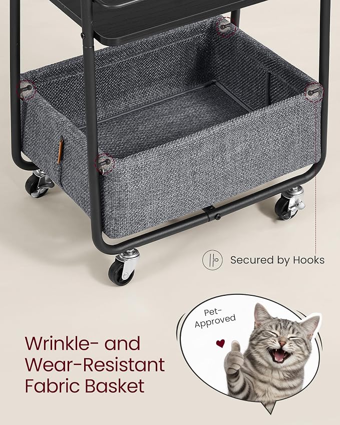 VASAGLE Storage Cart with Fabric Basket, 3-Tier Rolling Utility Cart | Cart with Wheels and Shelves, for Living Room, Bedroom, Kitchen, Ebony Black, LILEA Collection ULRC001BE02 - Image 3
