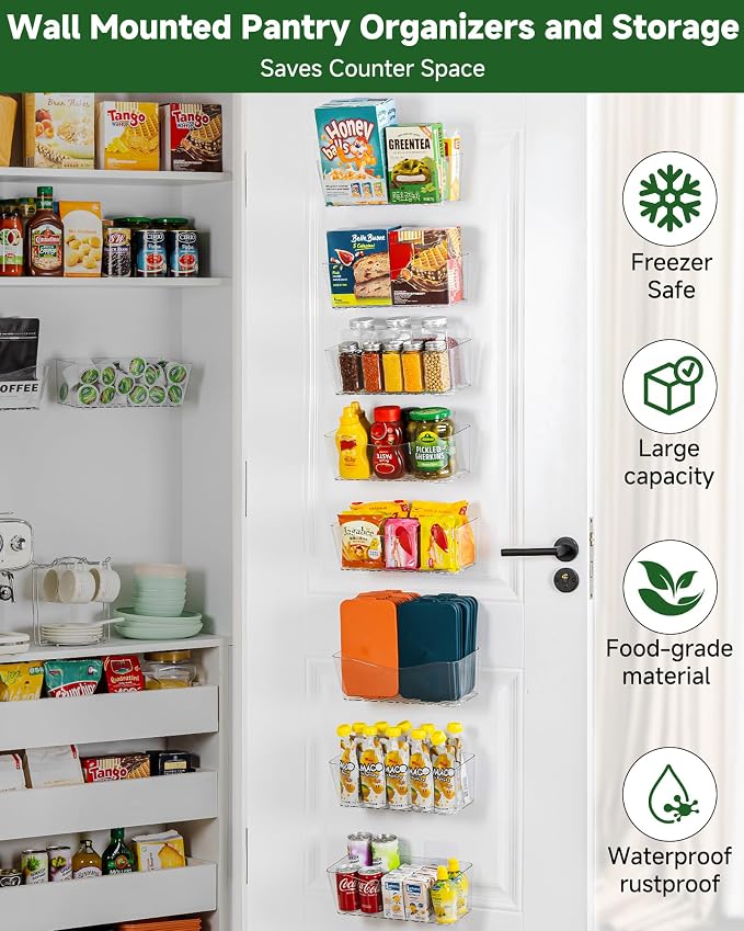 8-Pack Adhesive Pantry Organizers and Storage, Large Cabinet Door Organizer | 11.4" Long, Space Saving, Drain Bottom, Clear Plastic Storage Bins for Kitchen, Bathroom, Refrigerator, Countertop,Under Sink - Image 2