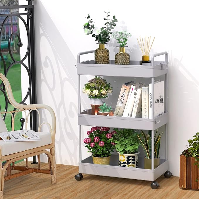 SOLEJAZZ 3 Tier Slim Rolling Storage Cart Organizer with Wheels, Gray | Utility cart for bathroom, laundry, bedside, dorm&narrow spaces. Fits craft, nail, makeup, snack, art, diaper&baby essentials - Image 6