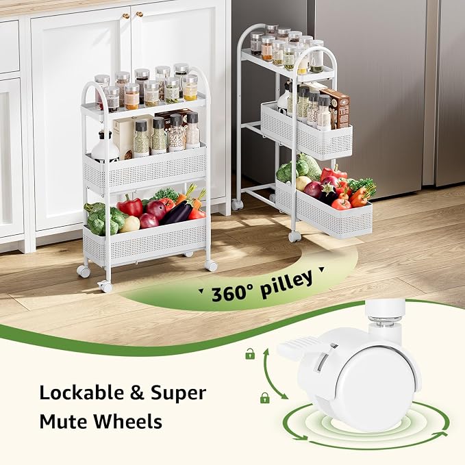 KINGRACK 3 Tier Slim Rolling Cart with Drawer, Metal Utility Storage Cart | 2 Pull-out Baskets, Lockable Wheels, Narrow Space Trolley Organizer for Bathroom, Kitchen, Office, Dorm, Laundry Room, White - Image 4